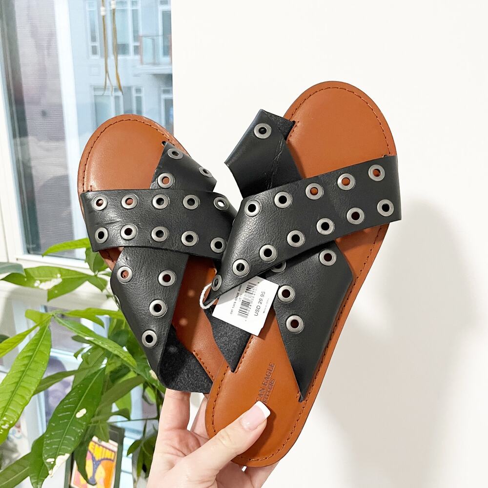 NEW American Eagle Black Leather Grommet Slide Sandals Size 11